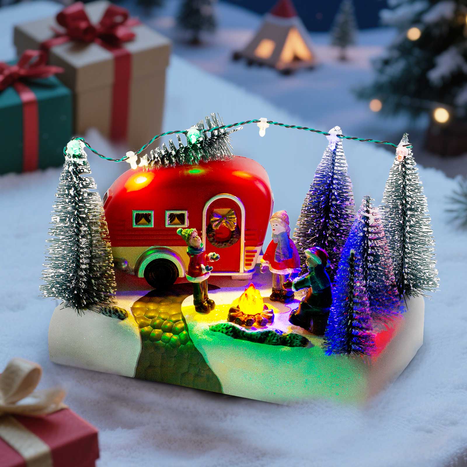LED Light up Village Collection, Christmas Camper Scene Caravan Figurine, Indoor Table Decor, Festive Holiday Home