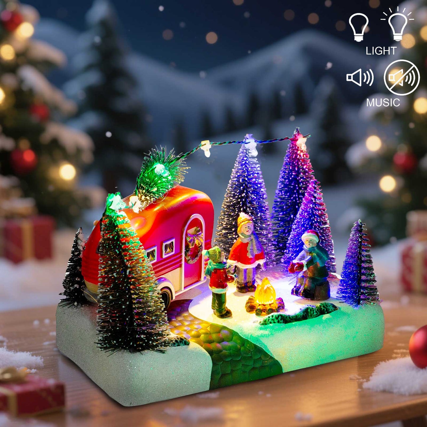 LED Light up Village Collection, Christmas Camper Scene Caravan Figurine, Indoor Table Decor, Festive Holiday Home
