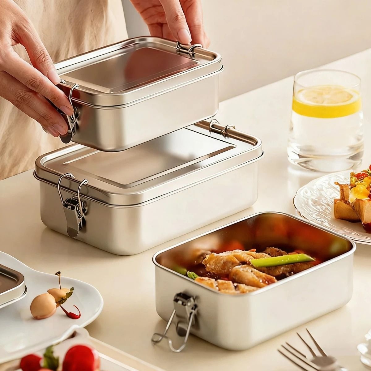 304 Stainless Steel Bento Box Portable Metal Lunch Box For Kids And Adults With Lockable Clips 1