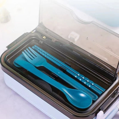 Double Layer Lunch Box with Compartments and Built In Utensils