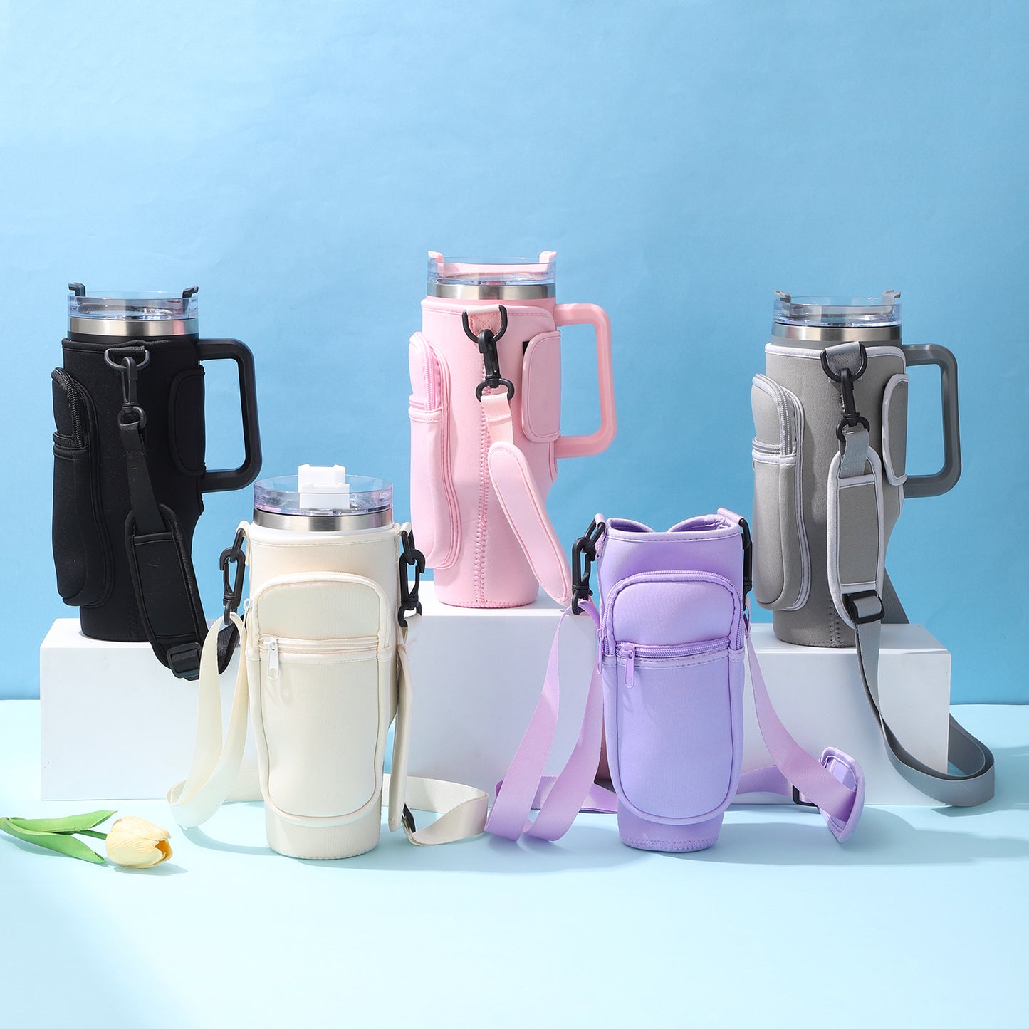 Large-Capacity CarCup Sleeves, Diving Fabric Ice Cup Sleeves, Handle Sleeves with Slanted Shoulder Straps, Availabl