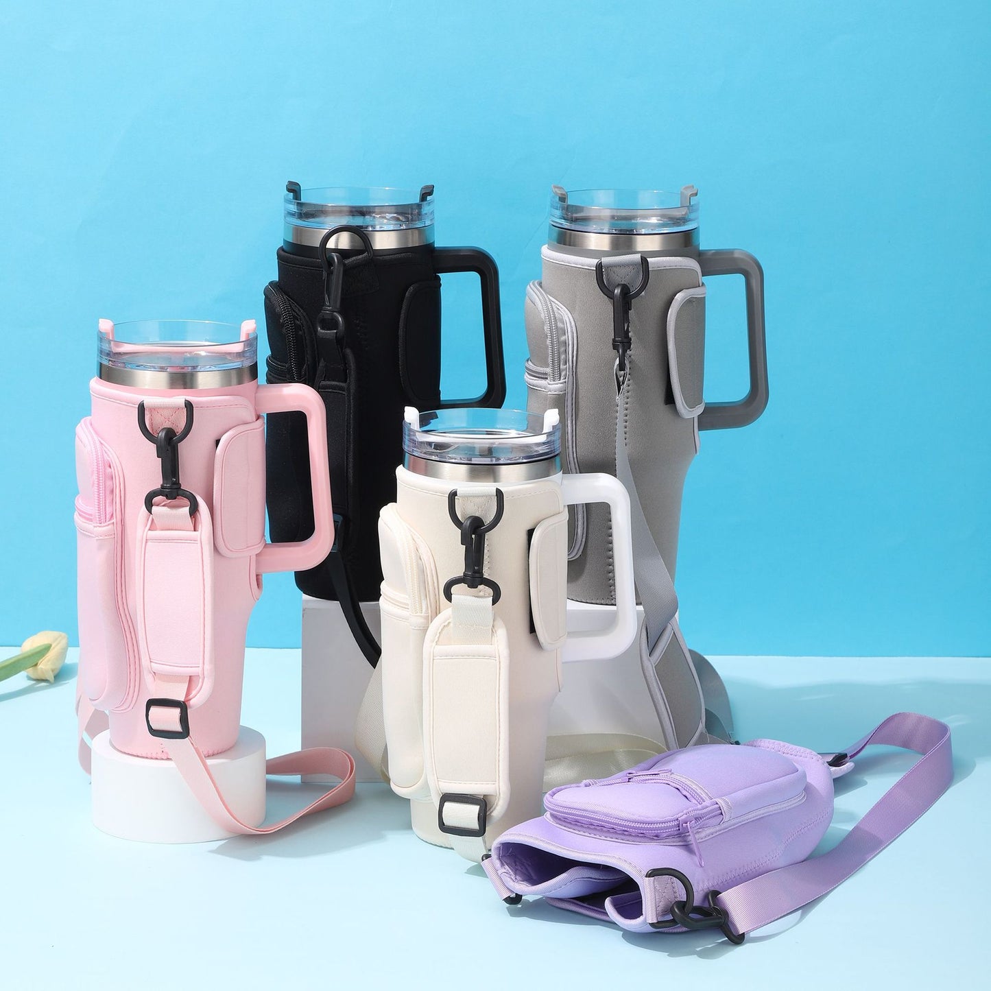 Large-Capacity CarCup Sleeves, Diving Fabric Ice Cup Sleeves, Handle Sleeves with Slanted Shoulder Straps, Availabl
