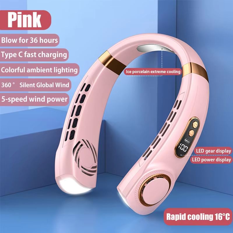 Portable Hanging Neck Fan With LED Digital Display  USB Rechargeable Bladeless Air Cooler 9
