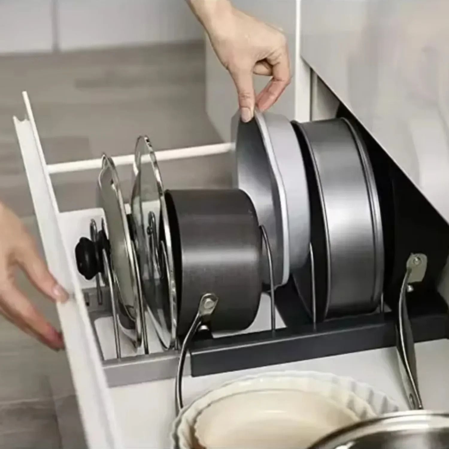 Expandable Pots And Pans Storage Rack Adjustable Lid Holder For Kitchen Organization 2