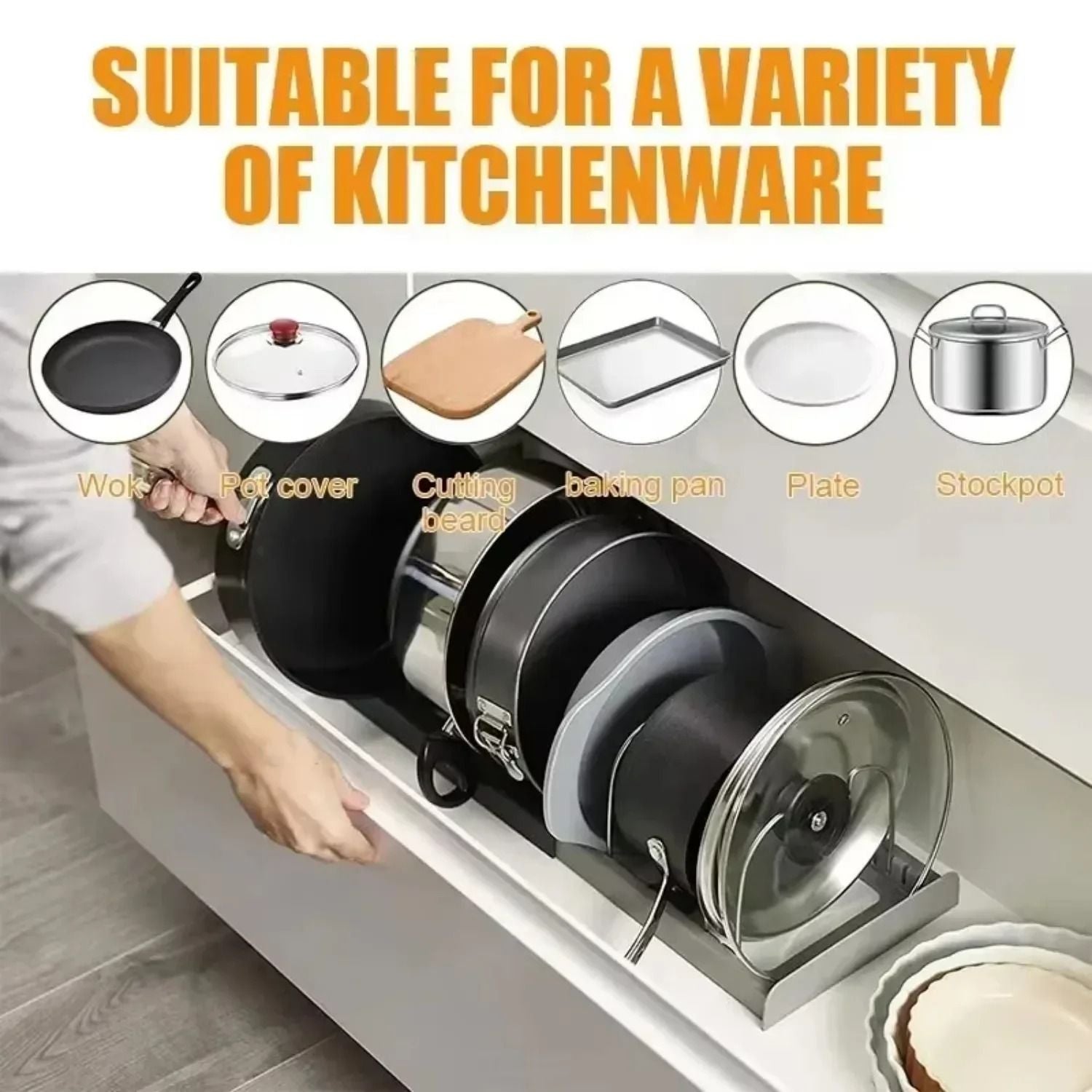 Expandable Pots And Pans Storage Rack Adjustable Lid Holder For Kitchen Organization 4