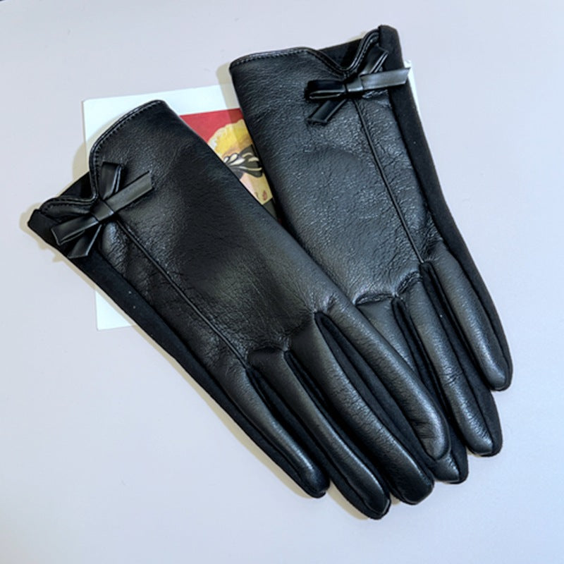 Womens Winter Leather Gloves, Touchscreen Texting, Warm Driving Leather Gloves, Bow Style for Outdoor