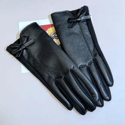 Womens Winter Leather Gloves, Touchscreen Texting, Warm Driving Leather Gloves, Bow Style for Outdoor