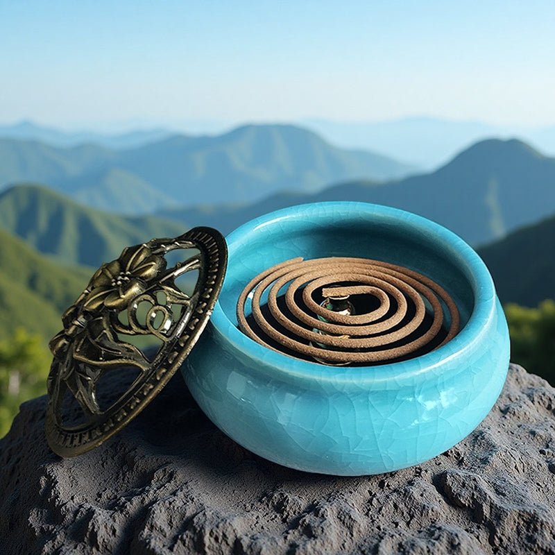 Ceramic Ice Crack Coil Incense Burner, Copper Cover Aroma Diffuser Plate, Colorful Antique Alloy Home Decor