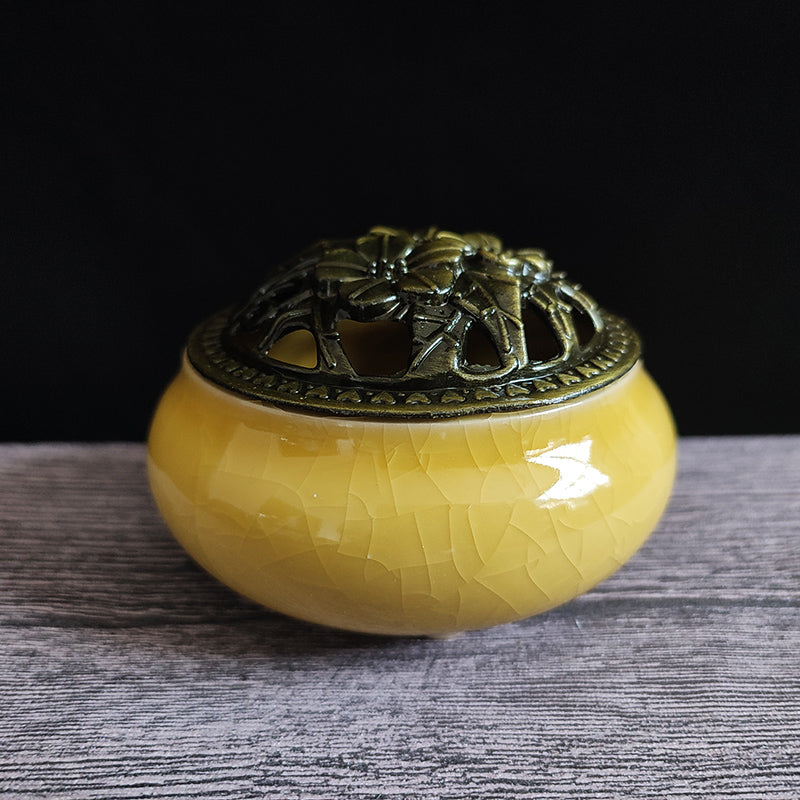 Ceramic Ice Crack Coil Incense Burner Copper Cover Aroma Diffuser Plate Colorful Antique Alloy Home 6