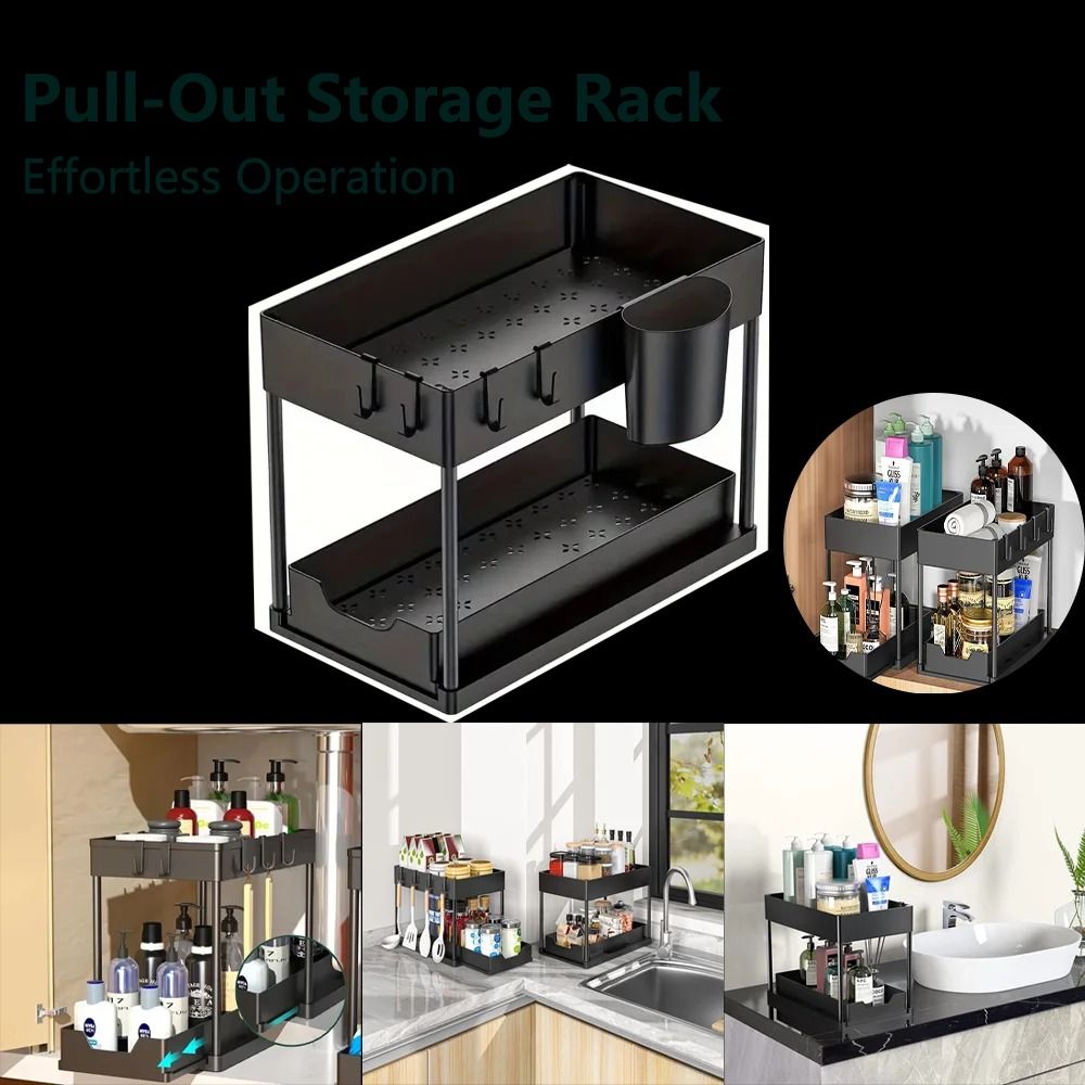 Under Sink Pull Out Storage Organizer Sliding Shelf for Kitchen and Bathroom Cabinets