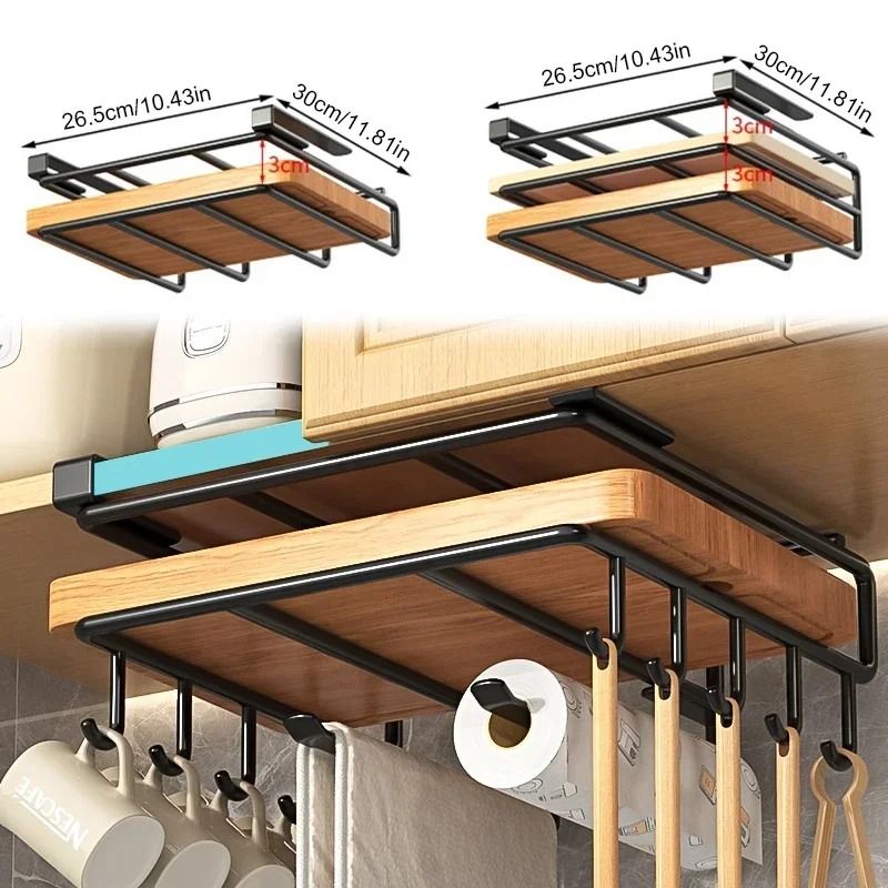 Kitchen Hanging Organizer Rack With Hooks And Under Cabinet Storage Shelf 4
