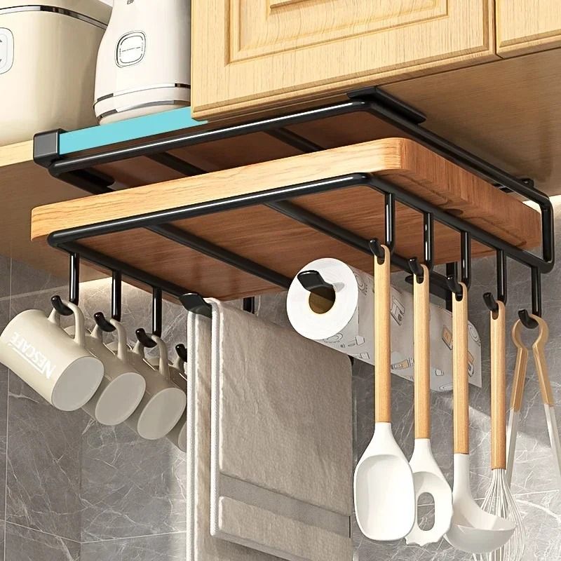 Kitchen Hanging Organizer Rack With Hooks And Under Cabinet Storage Shelf 5