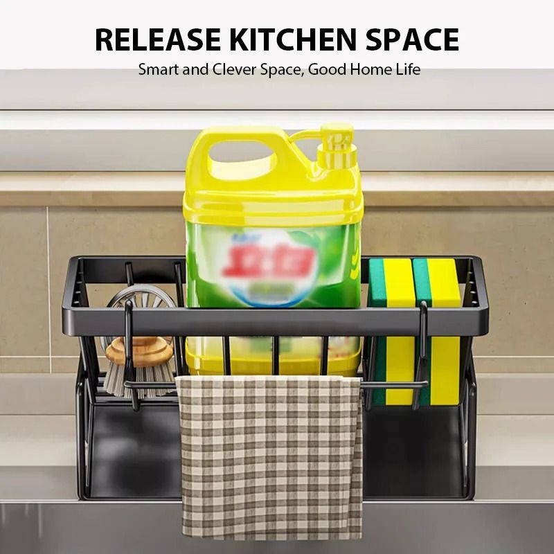 Kitchen Sink Drain Rack Organizer With Sponge Holder And Countertop Storage Basket 2