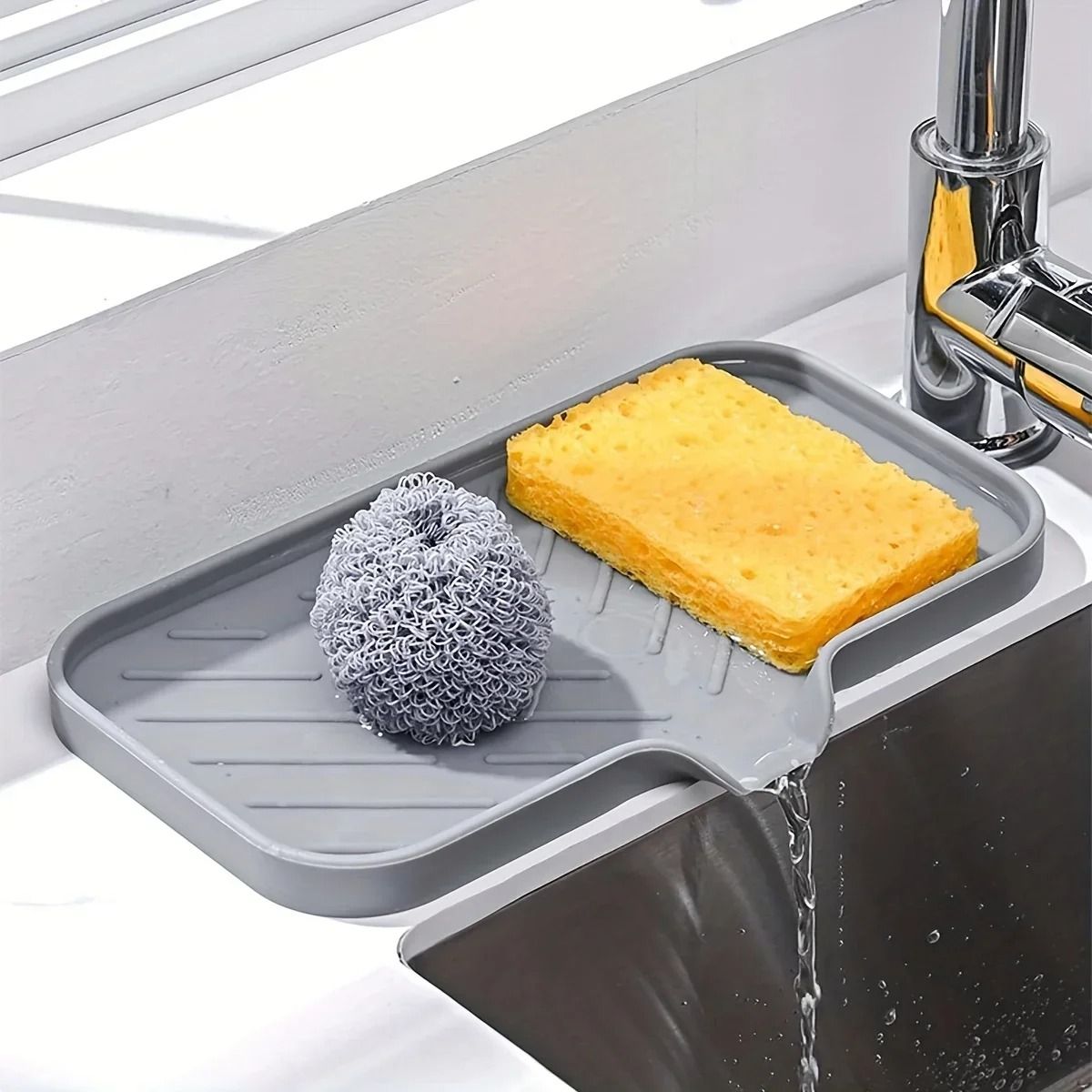Multifunctional Silicone Sink Tray with Drain for Soap, Sponge, and Brush Organization