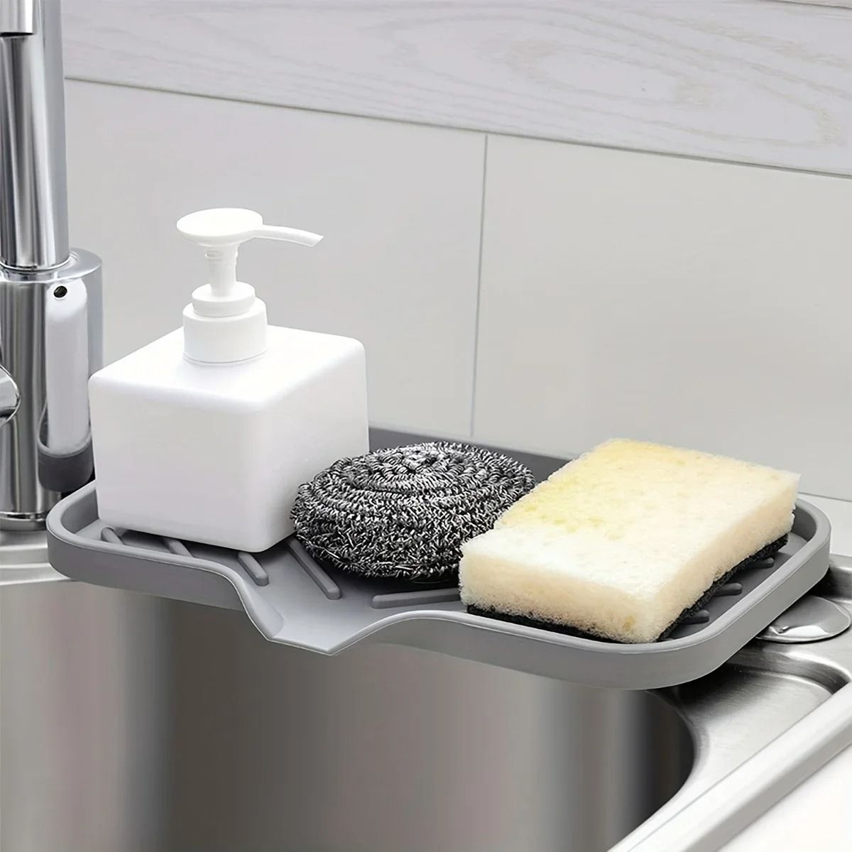 Multifunctional Silicone Sink Tray With Drain For Soap Sponge And Brush Organization 5