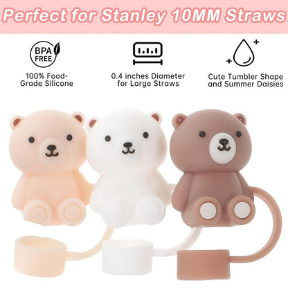 Straw Cover Compatible with Stanley Cup, Cute Teddy Bear Silicone Straw Plug, Dustproof Straw Cap for Reusable Cups