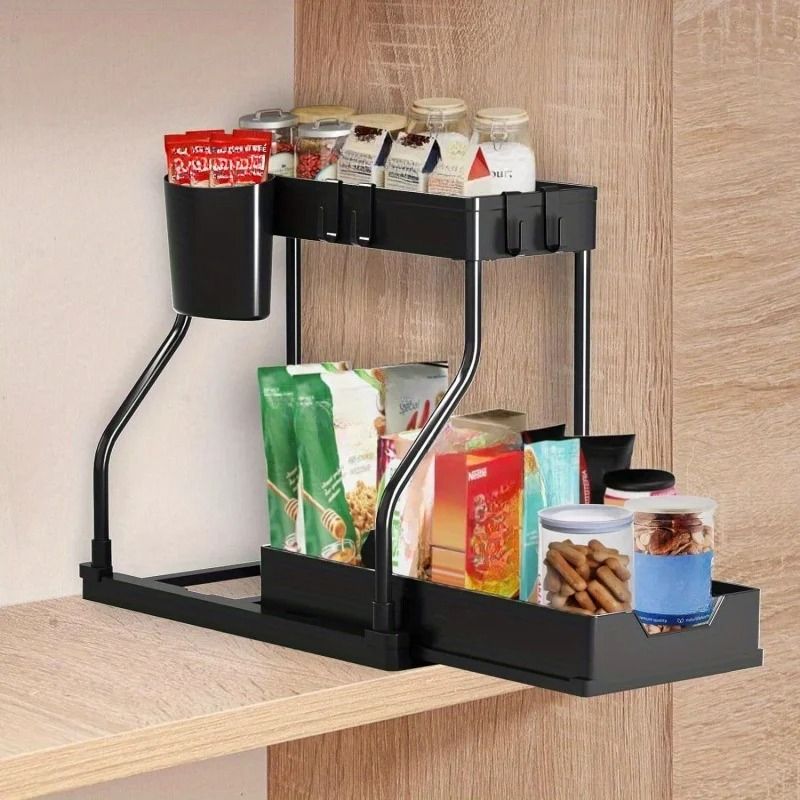 MultiLayer PullOut Kitchen And Bathroom Storage Rack With Hooks And Sliding Design 5