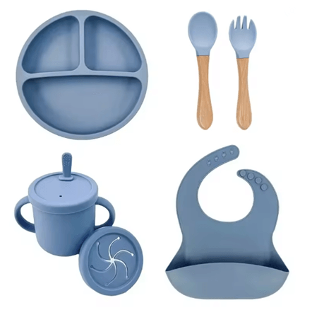 LittleNest Silicone Baby Feeding Set  NonSlip Suction Plate Straw Cup  Wooden Utensils For Toddlers 6