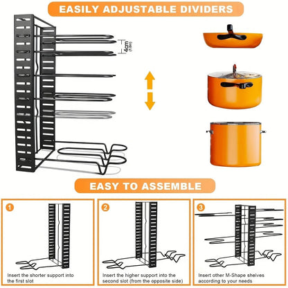 Space-Saving 8-Tier Pot Rack Organizer – Adjustable Metal Holder for Pans, Pots and Lids