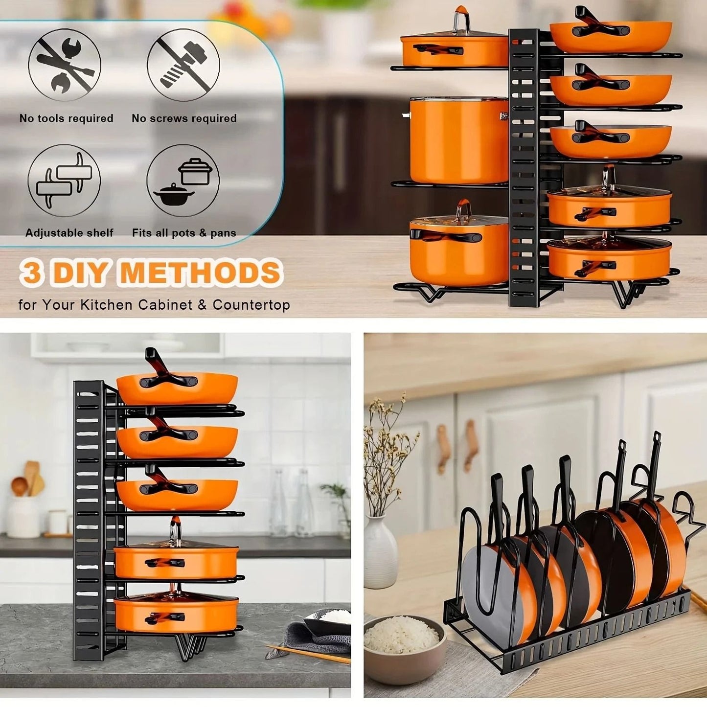 SpaceSaving 8Tier Pot Rack Organizer  Adjustable Metal Holder For Pans Pots And Lids 1