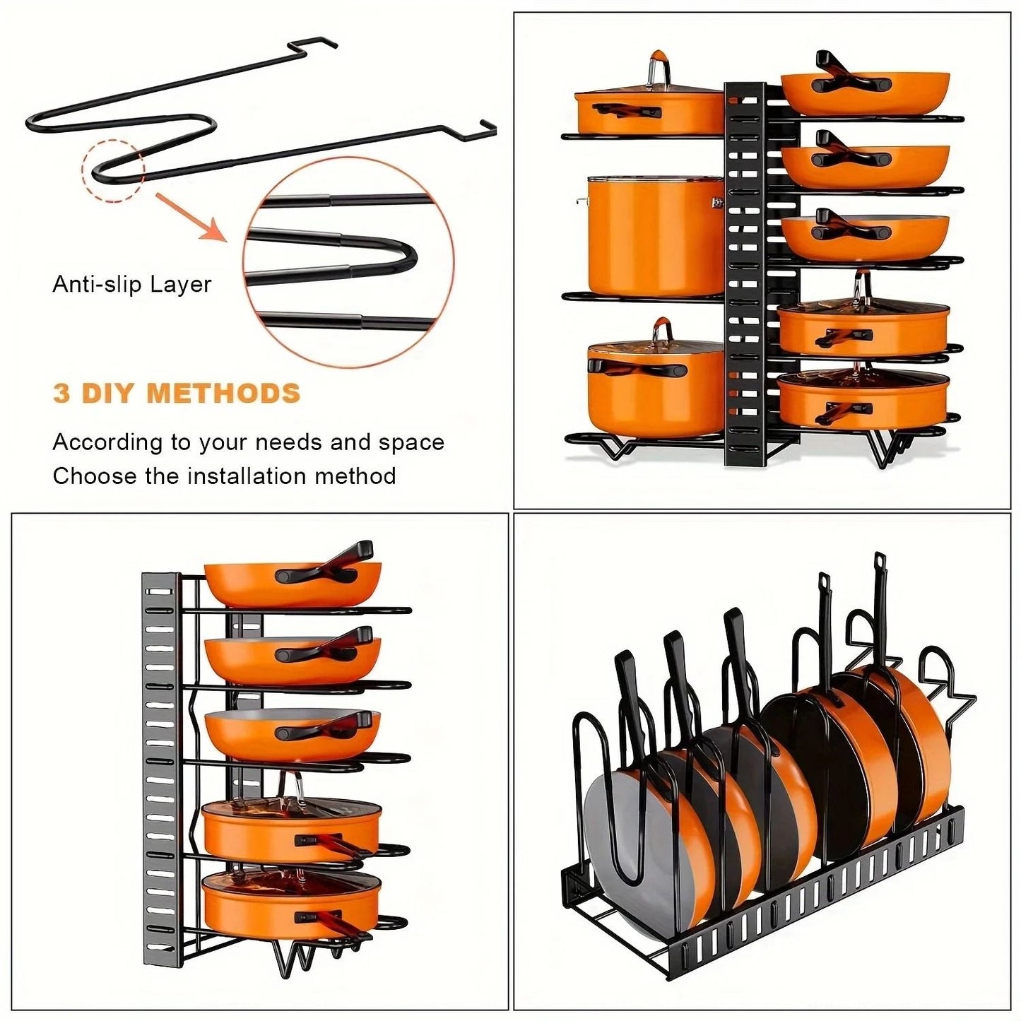 SpaceSaving 8Tier Pot Rack Organizer  Adjustable Metal Holder For Pans Pots And Lids 5