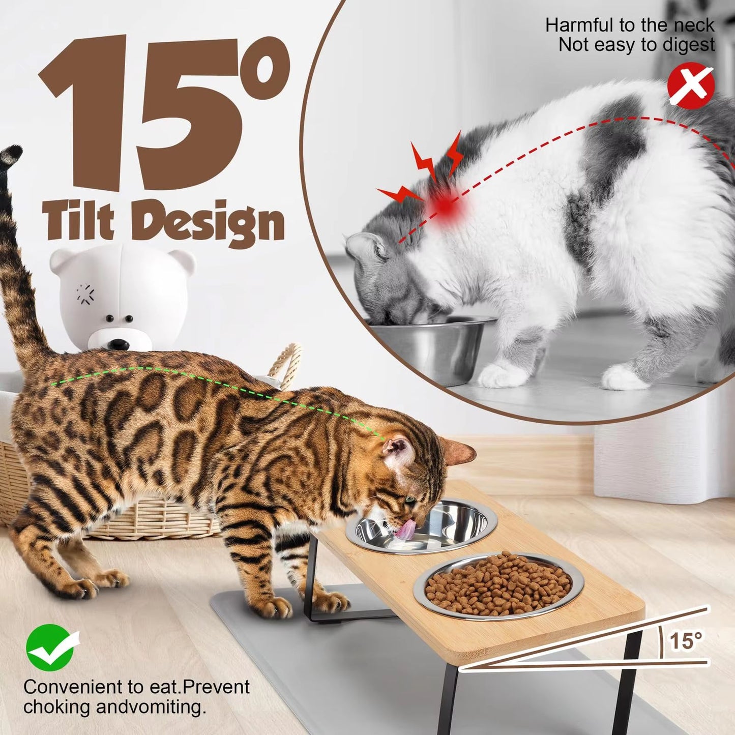 PawComfort Raised Cat Feeding Station  15 Tilted Elevated Double Bowls With Wooden Stand 1