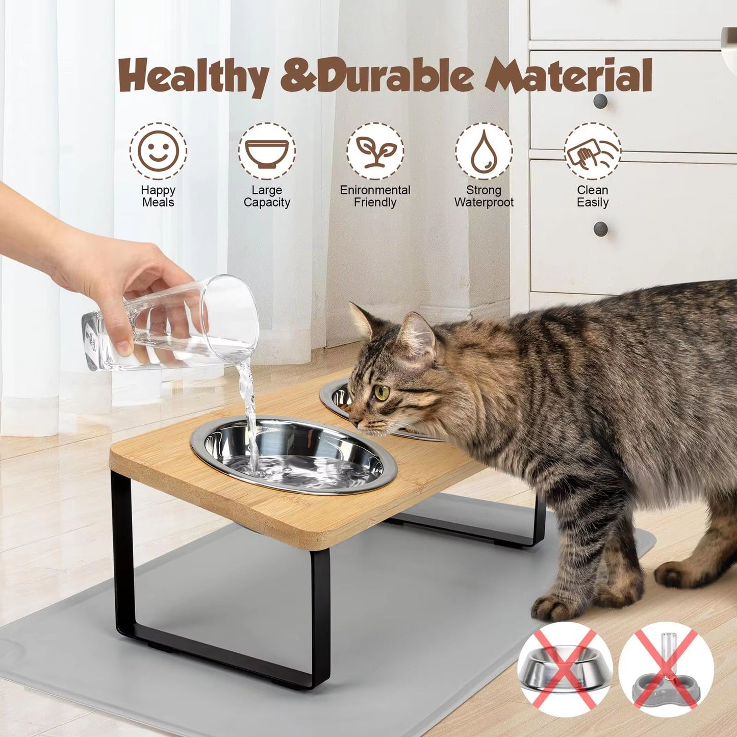 PawComfort Raised Cat Feeding Station  15 Tilted Elevated Double Bowls With Wooden Stand 2
