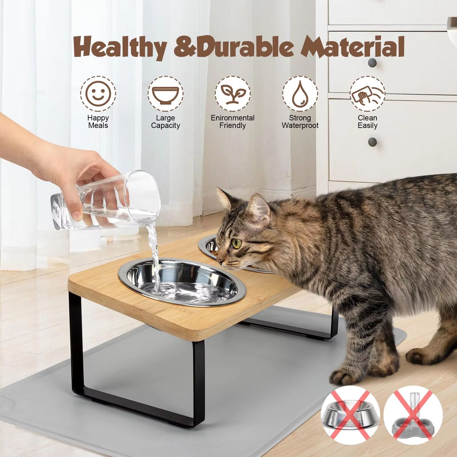 PawComfort Raised Cat Feeding Station  15 Tilted Elevated Double Bowls With Wooden Stand 2