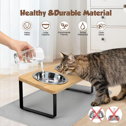 PawComfort Raised Cat Feeding Station  15 Tilted Elevated Double Bowls With Wooden Stand 2