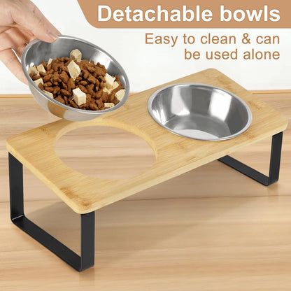 PawComfort Raised Cat Feeding Station  15 Tilted Elevated Double Bowls With Wooden Stand 3