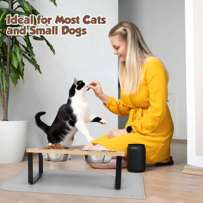 PawComfort Raised Cat Feeding Station  15 Tilted Elevated Double Bowls With Wooden Stand 4