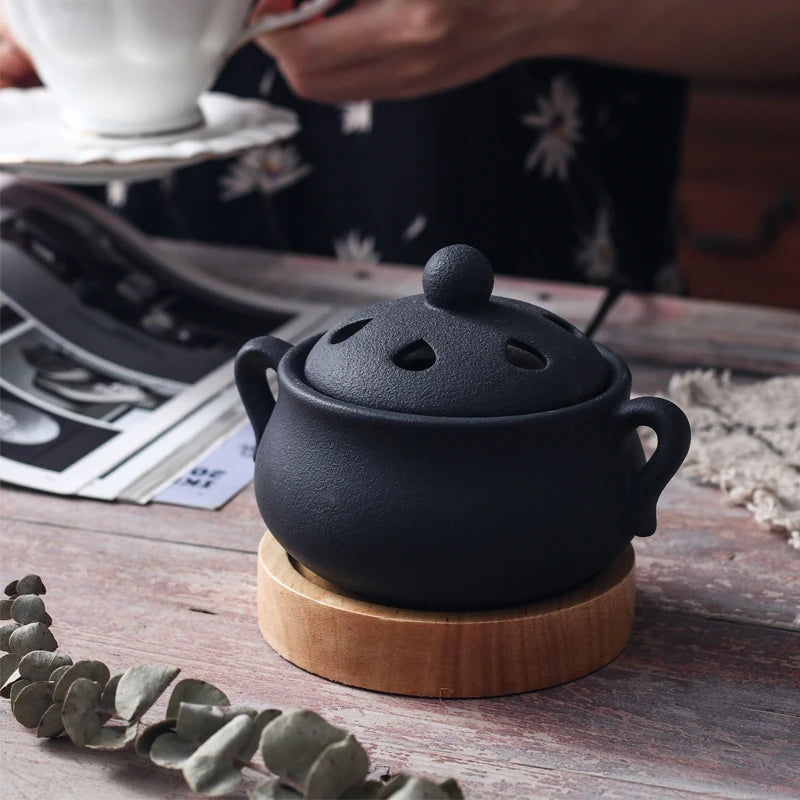 Electric Incense Burner Ceramic, Elegant Black Essential Oil Lamp, Timed Household Diffuser for Home Decor