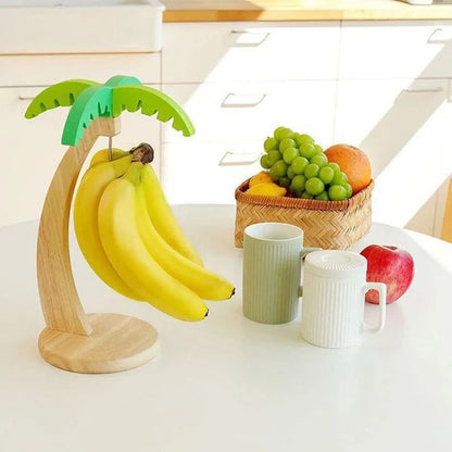 Wooden Banana Holder With Palm Leaf Design Fruit Hanging Rack 1