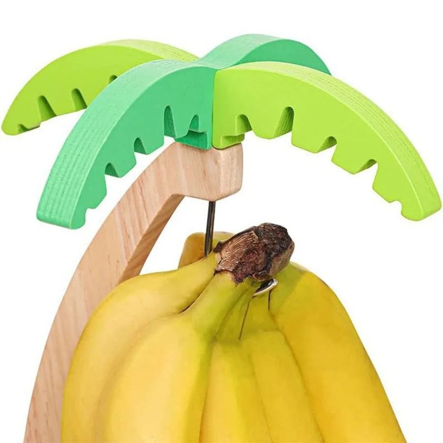 Wooden Banana Holder With Palm Leaf Design Fruit Hanging Rack 2