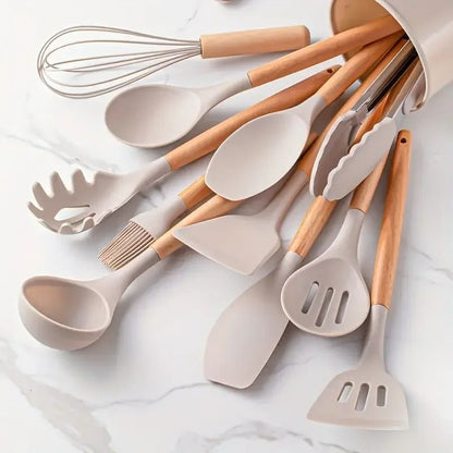 12 Piece Silicone Kitchen Utensil Set with Wooden Handles
