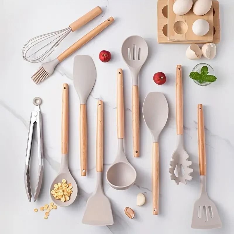 12 Piece Silicone Kitchen Utensil Set With Wooden Handles 1