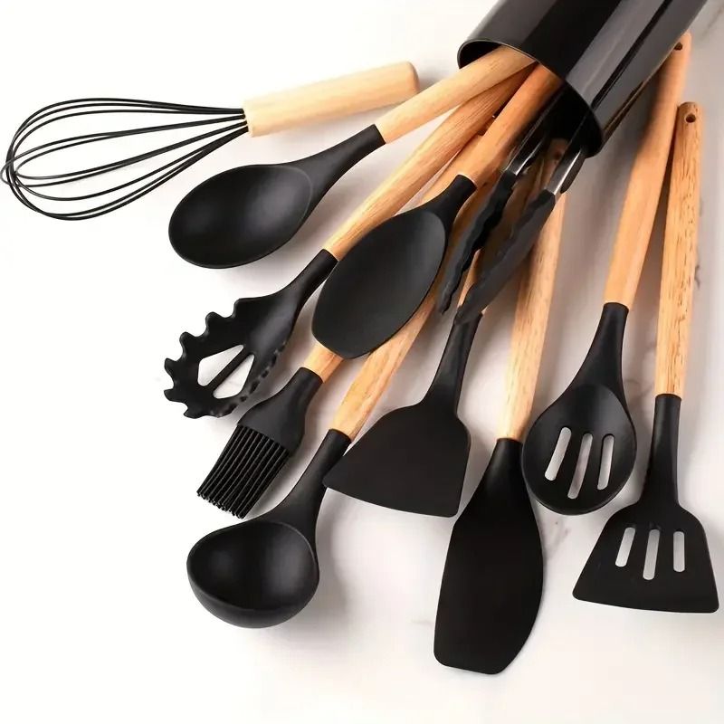 12 Piece Silicone Kitchen Utensil Set With Wooden Handles 5