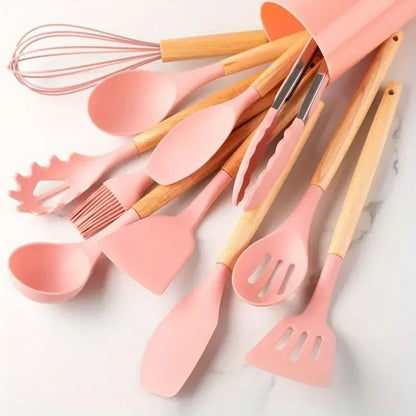 12 Piece Silicone Kitchen Utensil Set With Wooden Handles 9