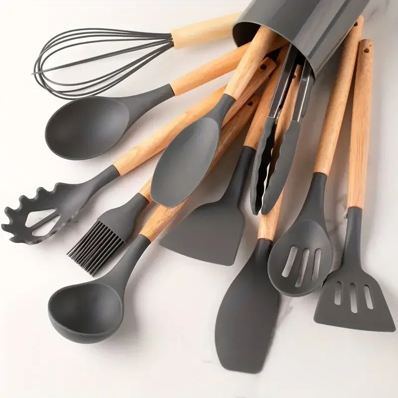 12 Piece Silicone Kitchen Utensil Set With Wooden Handles 8