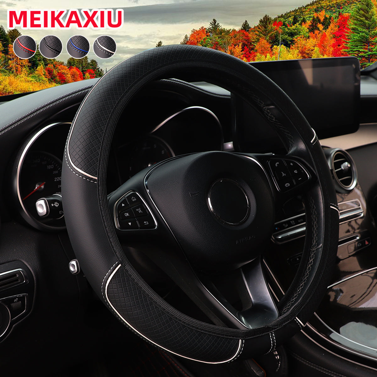 Red Blue Strip Trim Leather Embosed Steering Wheel Cover No Inner Ring Car Interior Accessories 4