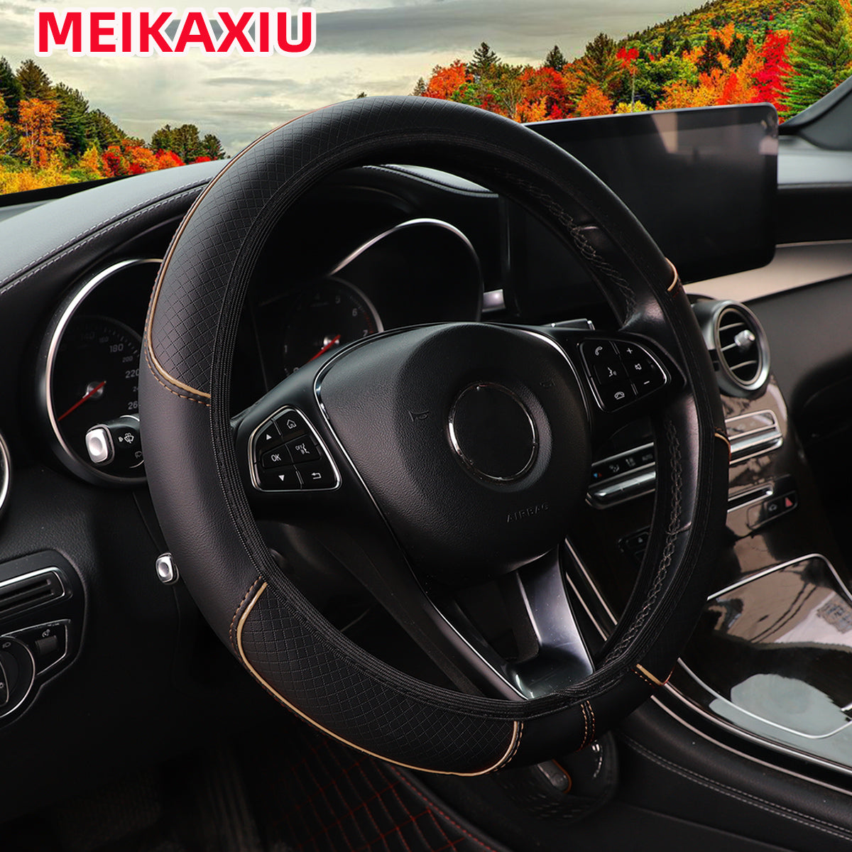 Red Blue Strip Trim Leather Embosed Steering Wheel Cover No Inner Ring Car Interior Accessories 5