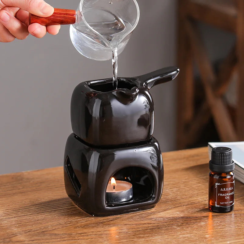 Ceramics Spa Essential Oil Massage Heater 150ml Square Aromatherapy Holder Black Separated Candle T 4