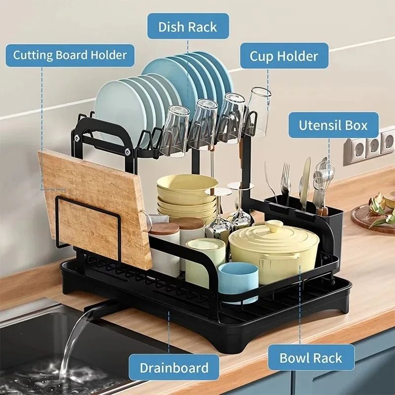 2 Tier Dish Drying Rack With Drain Tray And Utensil Organizer 1