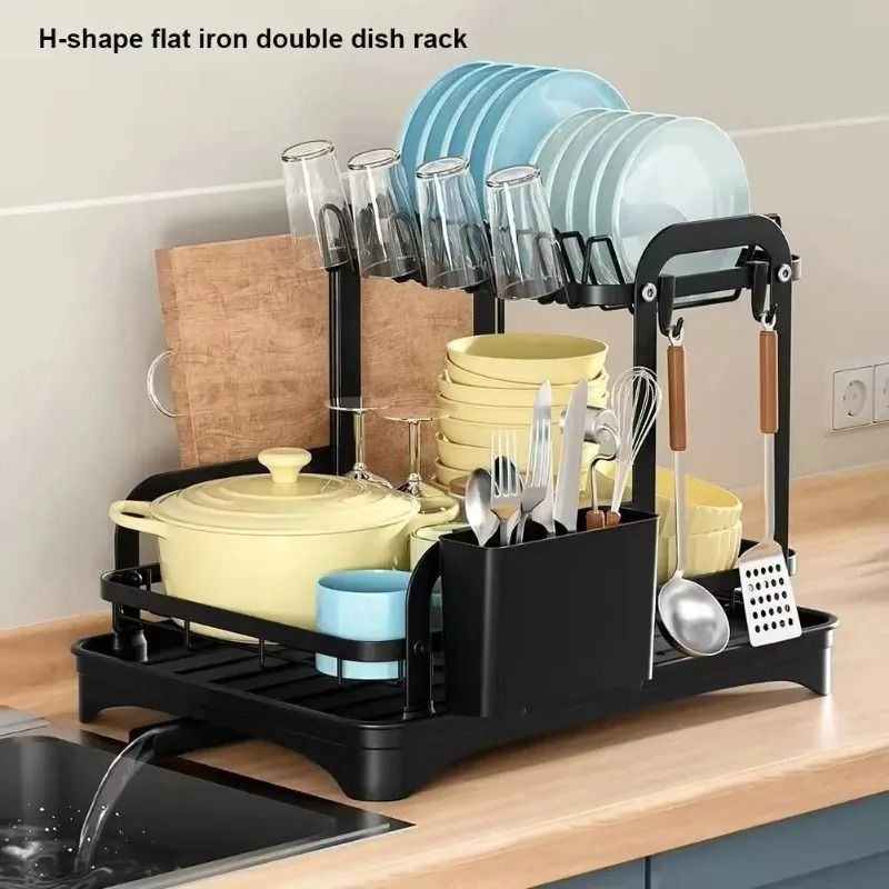 2 Tier Dish Drying Rack With Drain Tray And Utensil Organizer 3