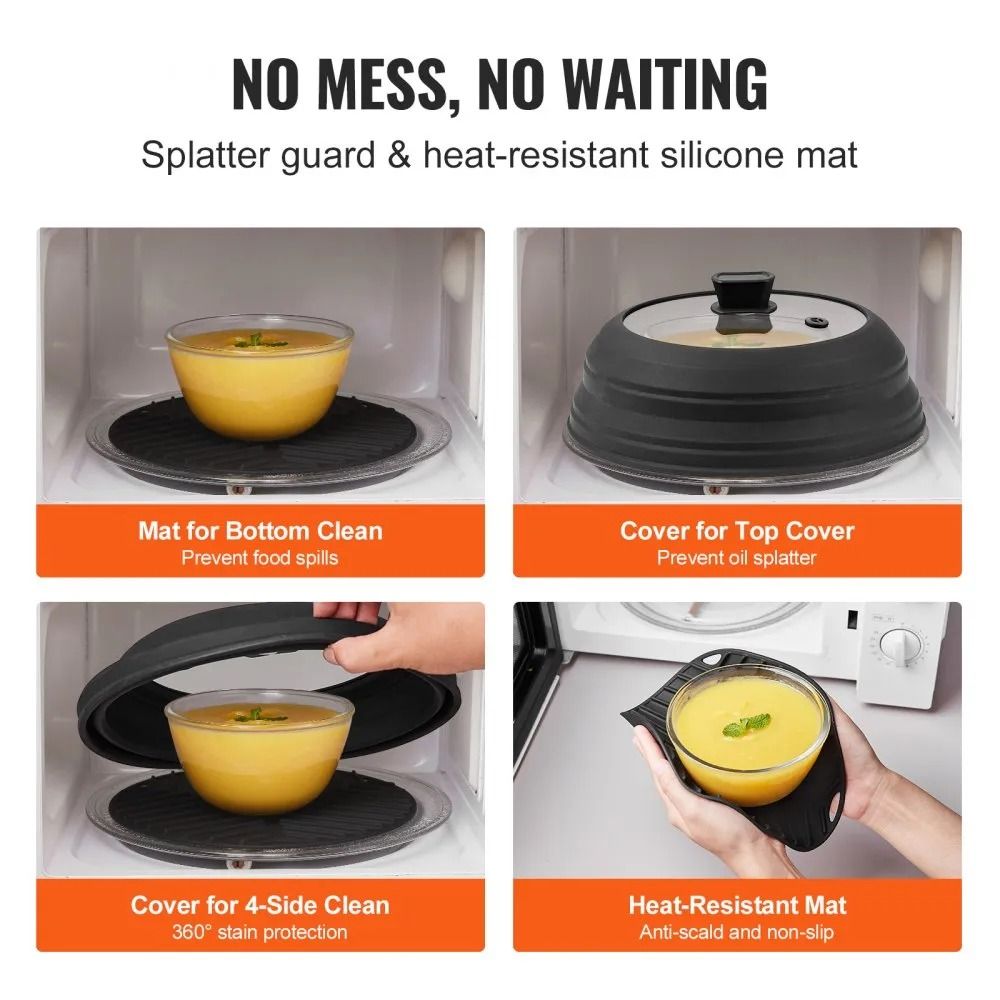 Microwave Splatter Cover And Mat Collapsible Lid For Food HeatResistant Silicone And Tempered Glass 3