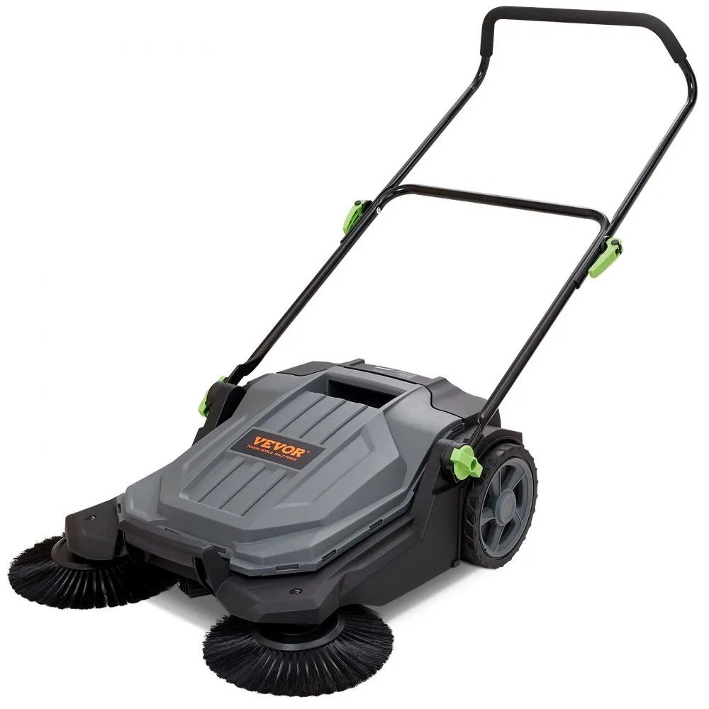 Manual Walk-behind Floor Sweeper, Sweeping Width, Non-Electric Hand Push, Gallon Waste Container, Adjustable Fold Handle