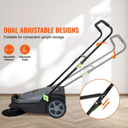 Manual Walkbehind Floor Sweeper Sweeping Width NonElectric Hand Push Gallon Waste Container Adjusta 3