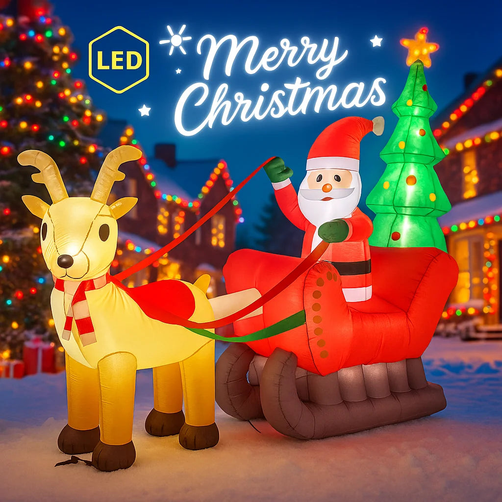 Inflatable Santa Sleigh Reindeer, Giant Christmas Decoration, Holiday DIY Party LED Lights, Yard and Home Ornament