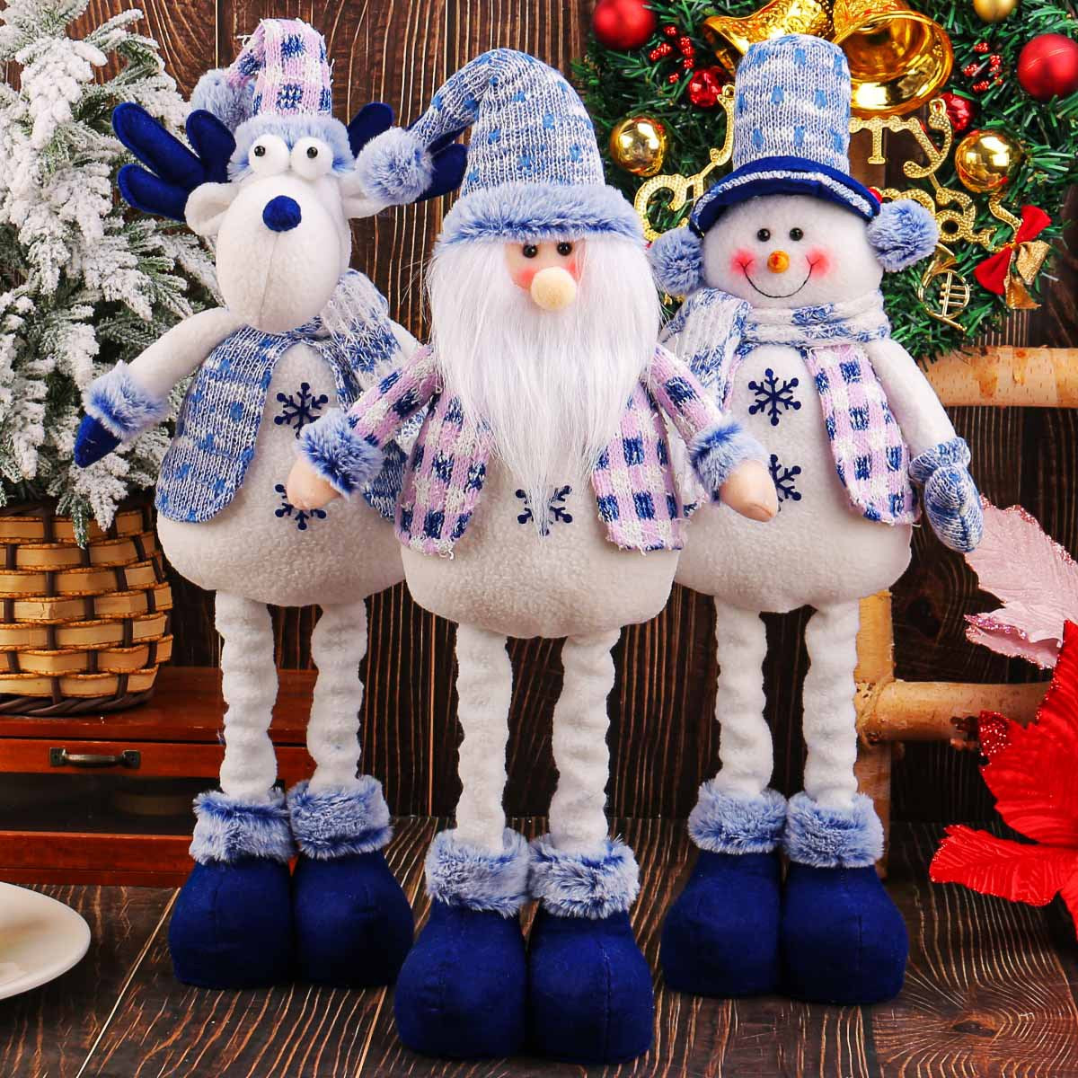 Blue Santa Claus, Reindeer, Snowman, Nordic Christmas Dolls, Stretchy Plush Hanging Ornament, Winter Home Decoration