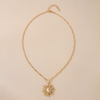 Retro Pendant Necklace, Three In One Sun Star Moon Design, Shining Rhinestone Jewelry for Women, Elegant Daily and Party
